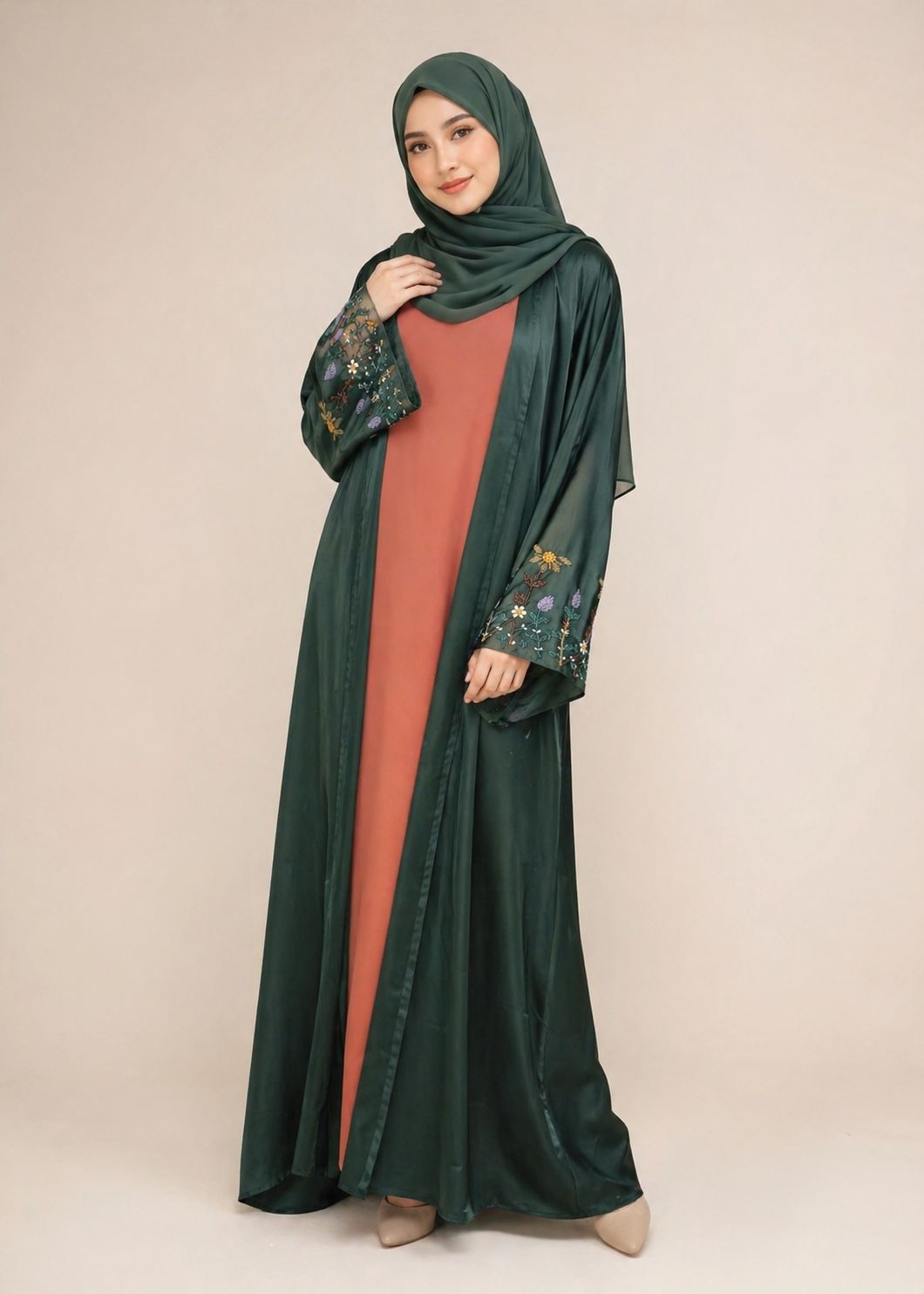 Luxury Dubai Nida Abaya Set with Hand Embroidery – Elegant Modest Wear (Green &amp; Rust)