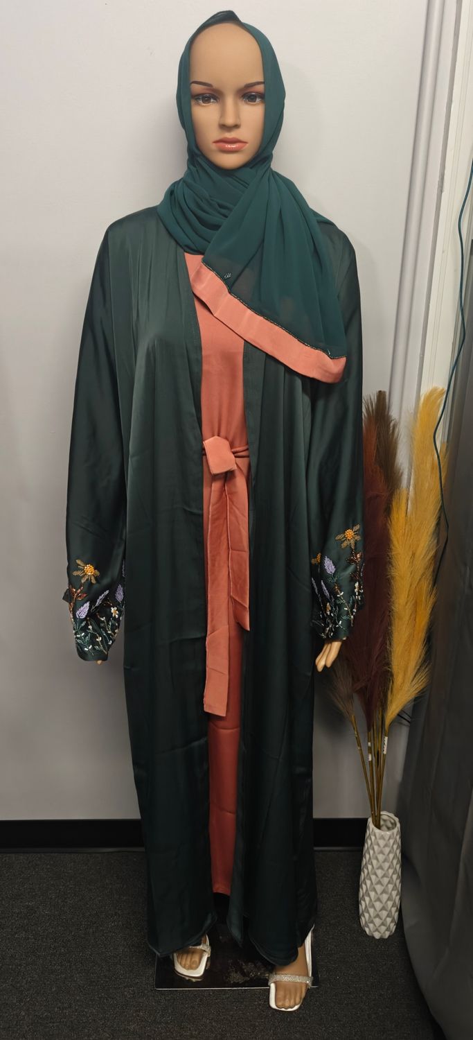 Luxury Dubai Nida Abaya Set with Hand Embroidery – Elegant Modest Wear (Green &amp; Rust)