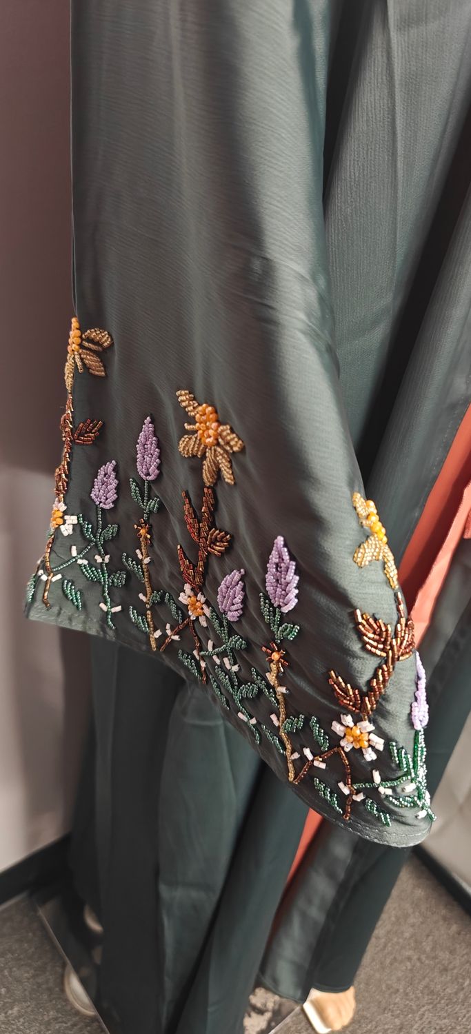 Luxury Dubai Nida Abaya Set with Hand Embroidery – Elegant Modest Wear (Green &amp; Rust)