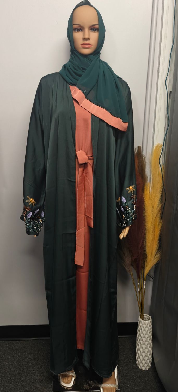 Luxury Dubai Nida Abaya Set with Hand Embroidery – Elegant Modest Wear (Green &amp; Rust)