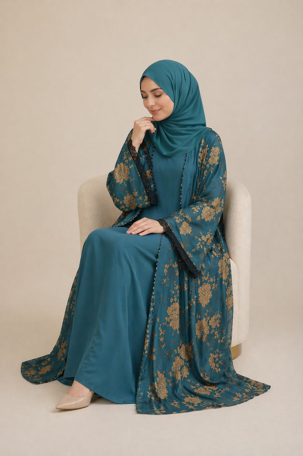 Luxury Green Floral Abaya Set with Matching Hijab with Pockets| Modest Dubai Style Open Abaya with Inner Dress | Elegant Muslim Maxi Dress