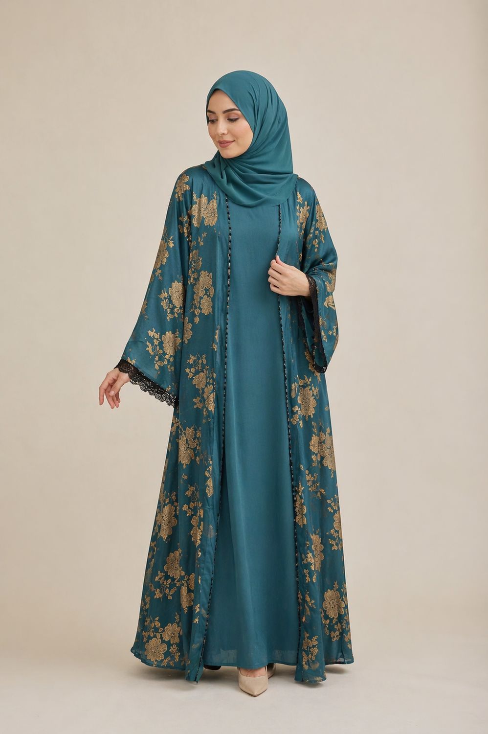 Luxury Green Floral Abaya Set with Matching Hijab with Pockets| Modest Dubai Style Open Abaya with Inner Dress | Elegant Muslim Maxi Dress