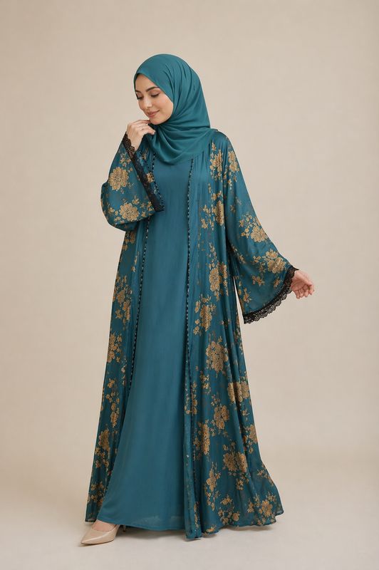 Luxury Green Floral Abaya Set with Matching Hijab with Pockets| Modest Dubai Style Open Abaya with Inner Dress | Elegant Muslim Maxi Dress