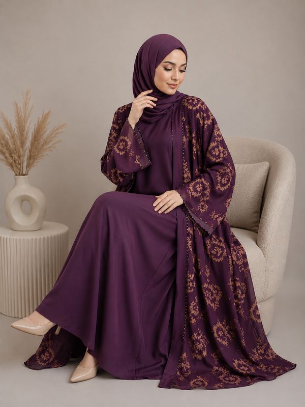 Luxury Purple Floral Abaya Set with Matching Hijab with Pockets| Modest Dubai Style Open Abaya with Inner Dress | Elegant Muslim Maxi Dress