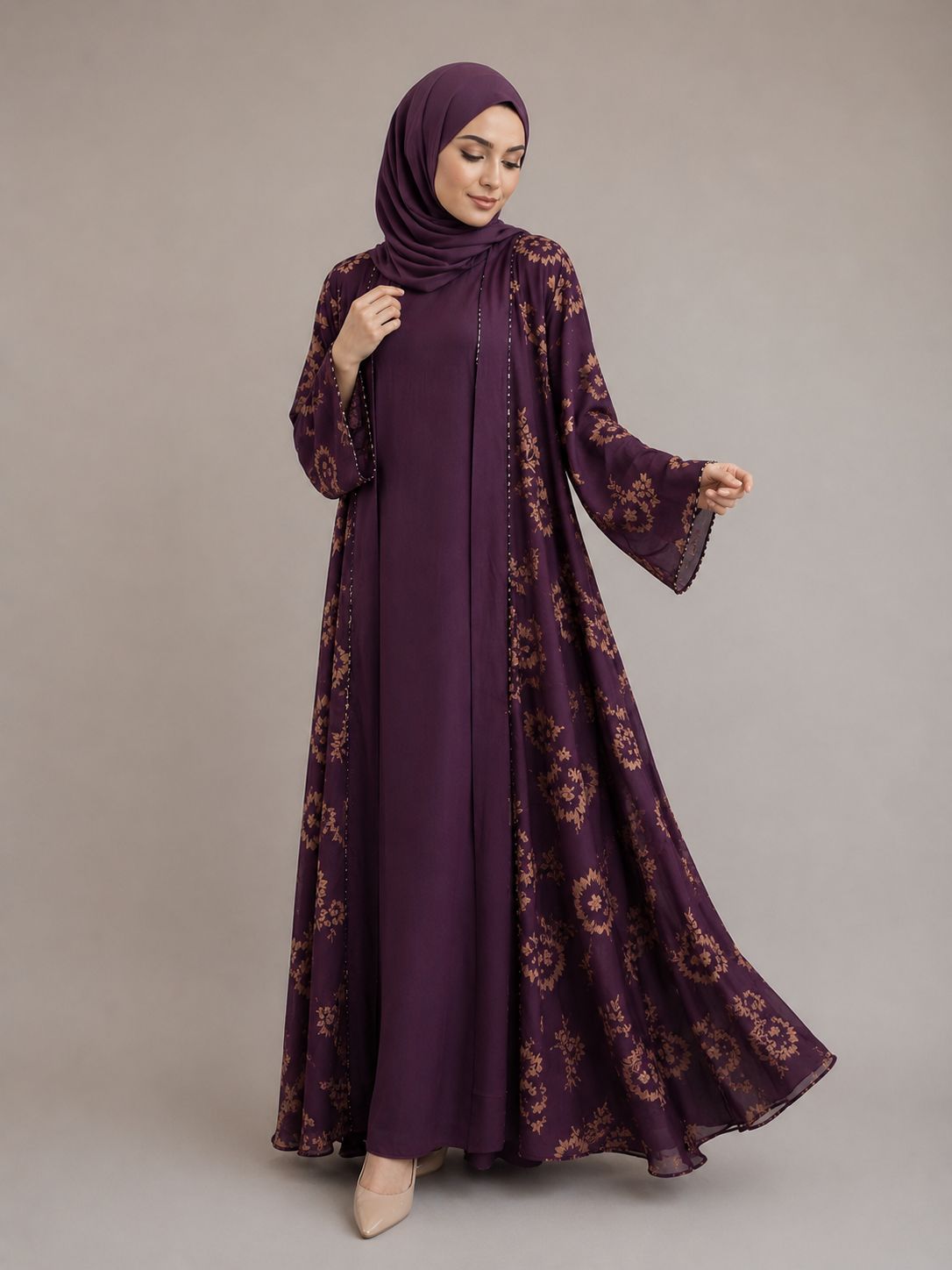 Luxury Purple Floral Abaya Set with Matching Hijab with Pockets| Modest Dubai Style Open Abaya with Inner Dress | Elegant Muslim Maxi Dress