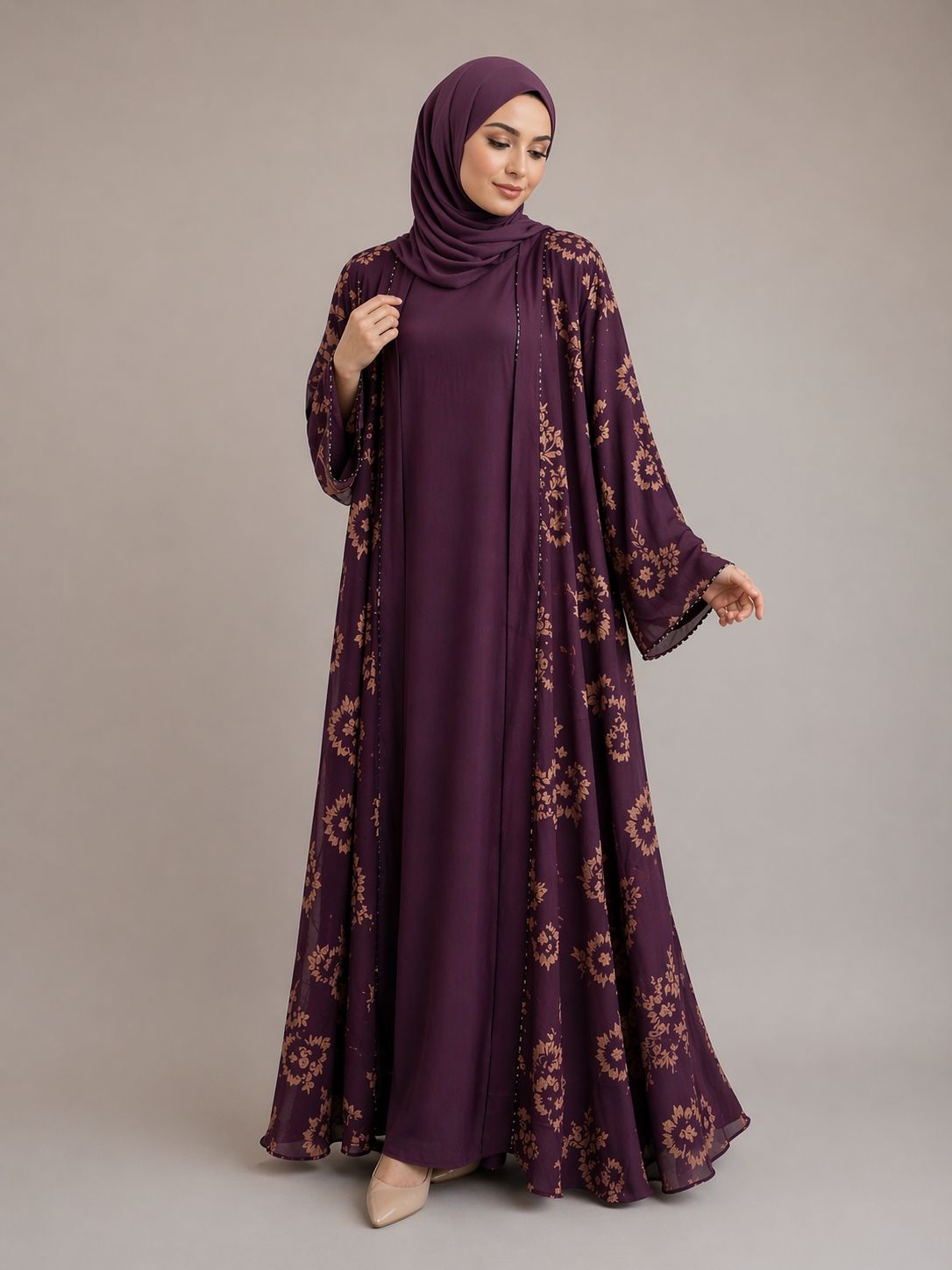 Luxury Purple Floral Abaya Set with Matching Hijab with Pockets| Modest Dubai Style Open Abaya with Inner Dress | Elegant Muslim Maxi Dress