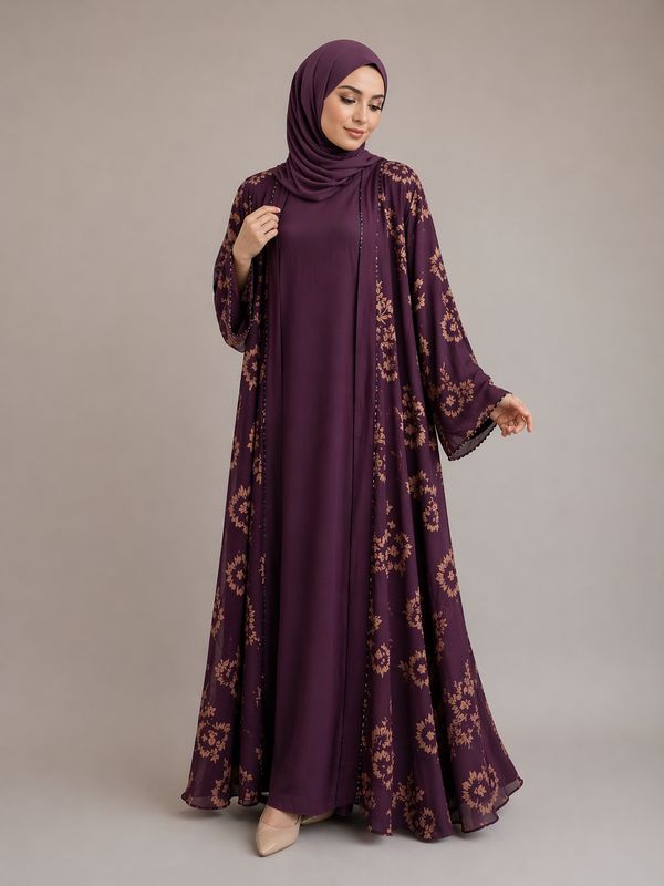 Luxury Purple Floral Abaya Set with Matching Hijab with Pockets| Modest Dubai Style Open Abaya with Inner Dress | Elegant Muslim Maxi Dress