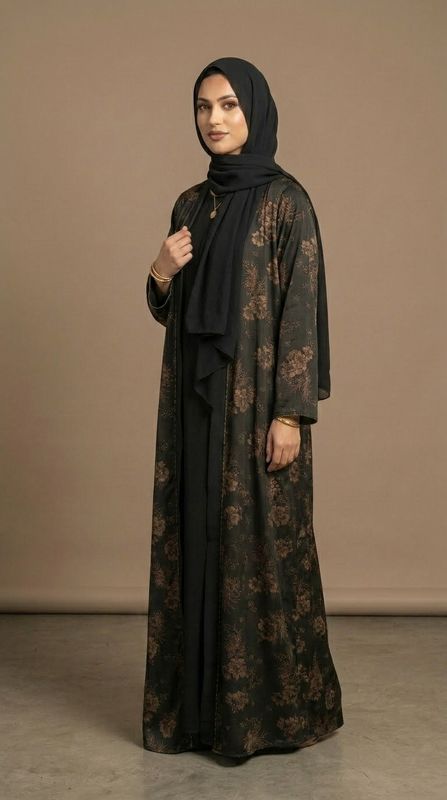 Luxury Black Floral Abaya Set with Matching Hijab with Pockets| Modest Dubai Style Open Abaya with Inner Dress | Elegant Muslim Maxi Dress