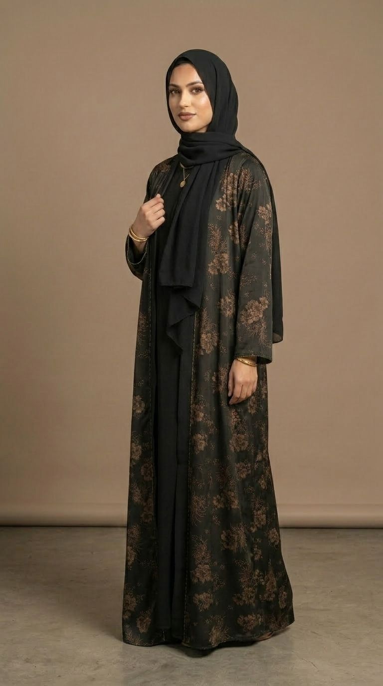 Luxury Black Floral Abaya Set with Matching Hijab with Pockets| Modest Dubai Style Open Abaya with Inner Dress | Elegant Muslim Maxi Dress