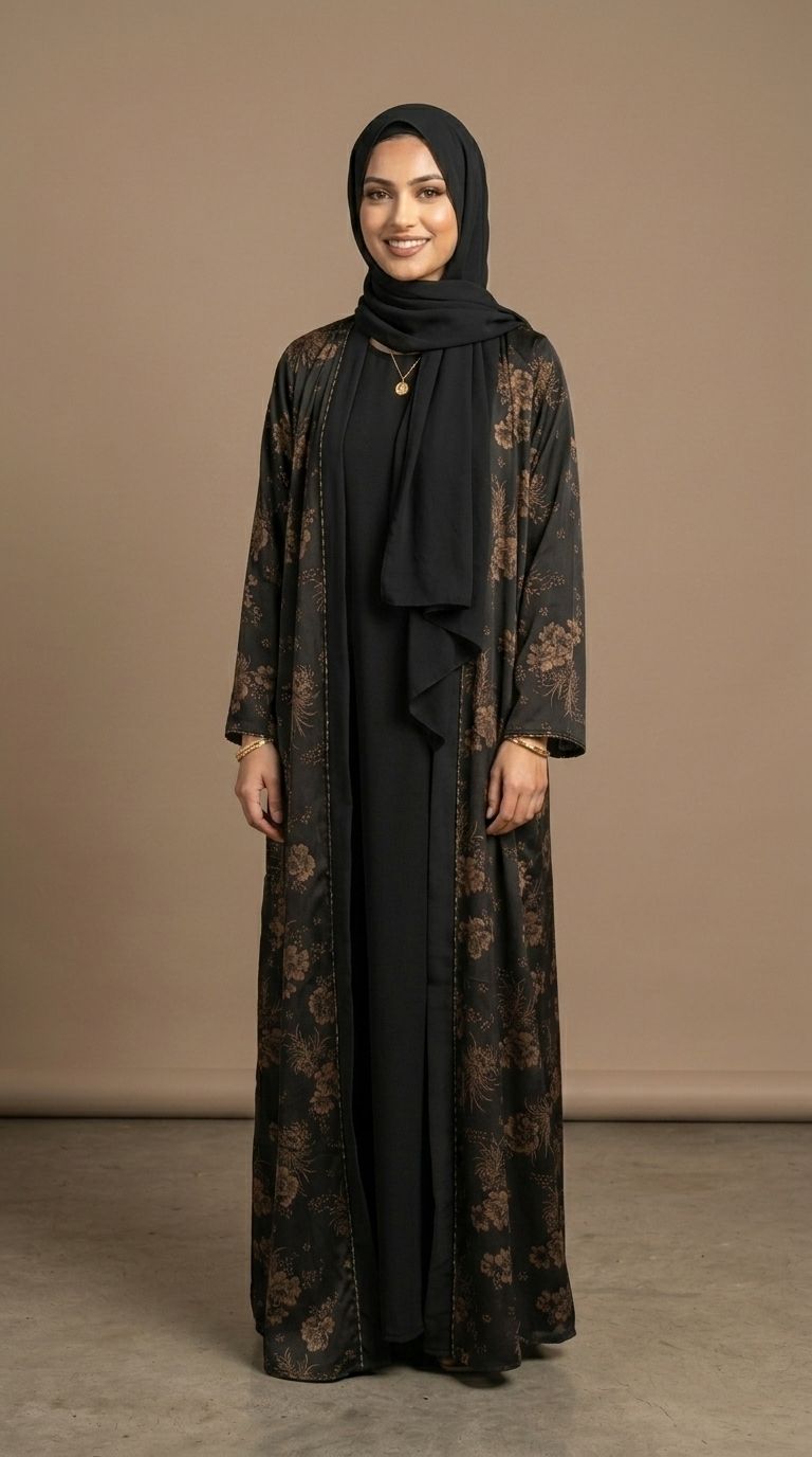 Luxury Black Floral Abaya Set with Matching Hijab with Pockets| Modest Dubai Style Open Abaya with Inner Dress | Elegant Muslim Maxi Dress
