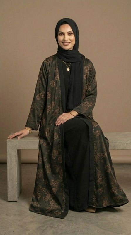 Luxury Black Floral Abaya Set with Matching Hijab with Pockets| Modest Dubai Style Open Abaya with Inner Dress | Elegant Muslim Maxi Dress