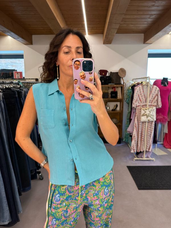 CAMICIA SENZA MANICHE MAX MARA PURO LINO TURCHESE