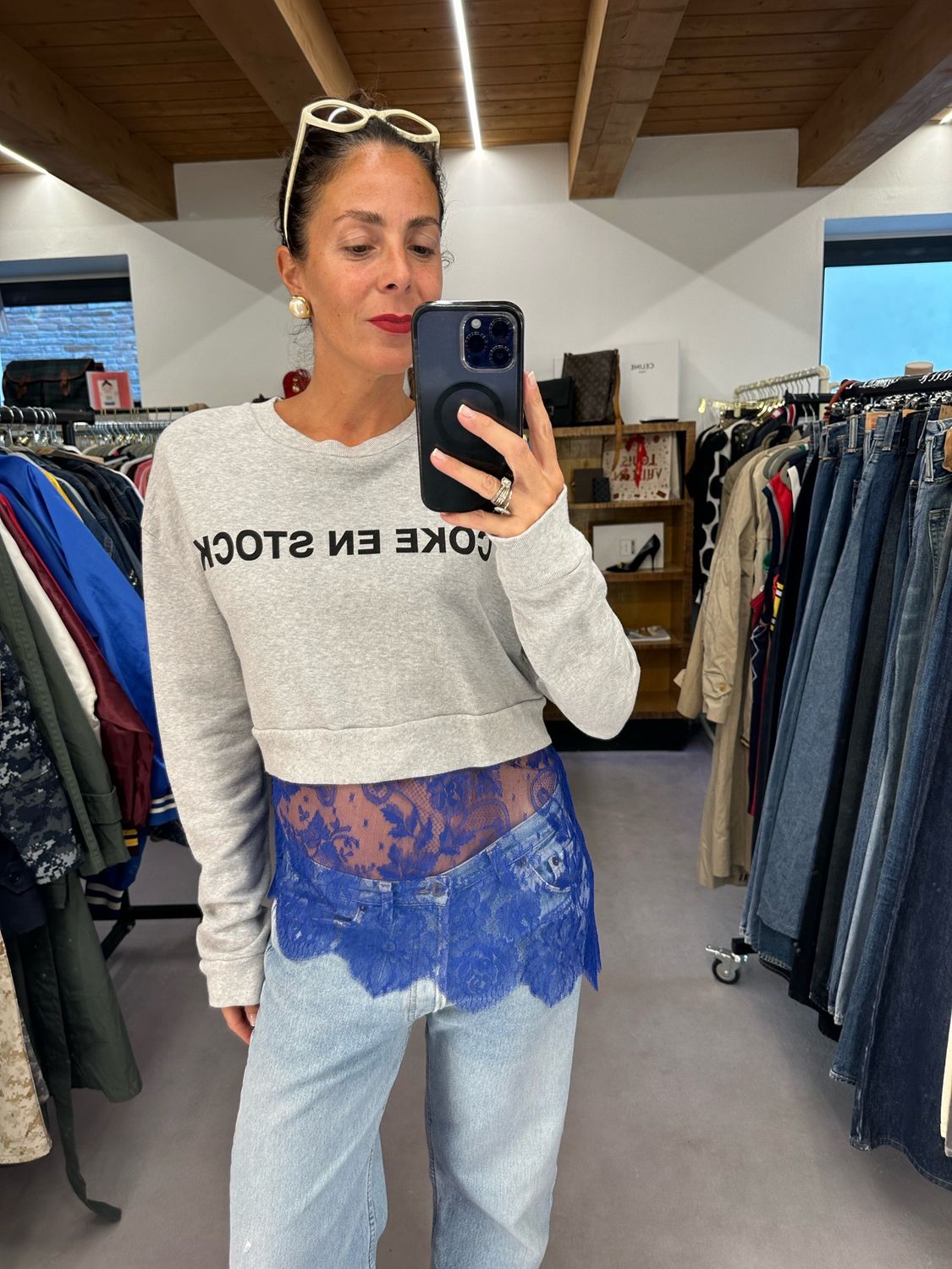 FELPA FILLES A PAPA CROP GRIGIO CHIARO MELANGE CON PIZZO