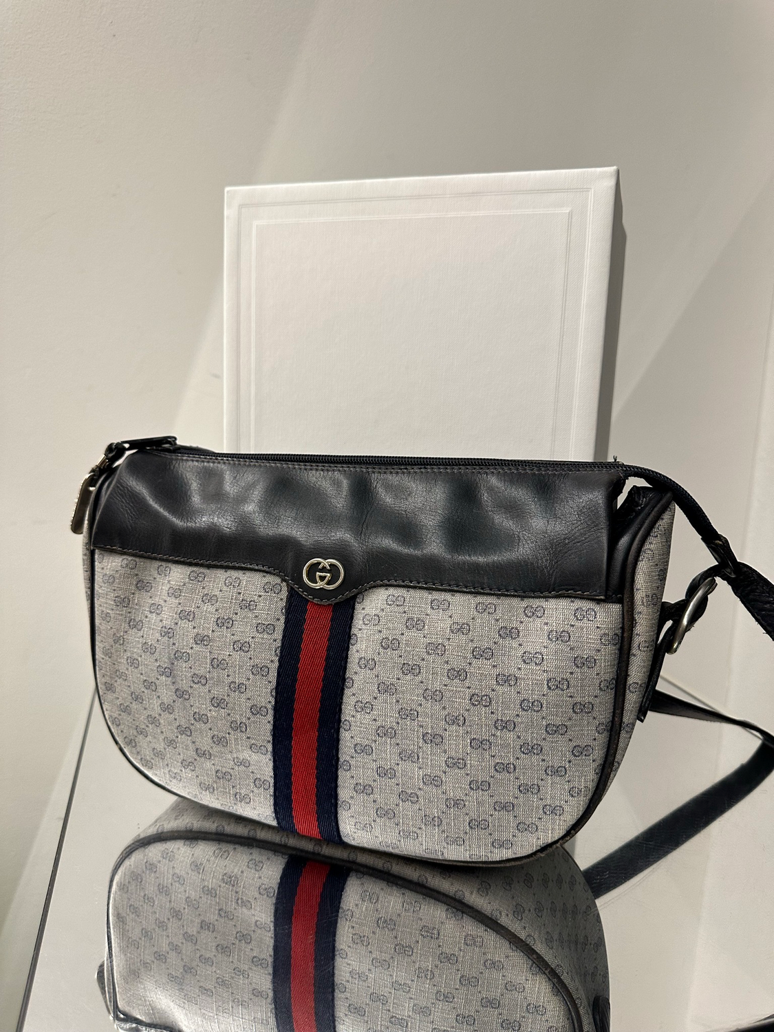 BORSA GUCCI OPHIDIA MEZZALUNA CANVAS E PELLE BLU