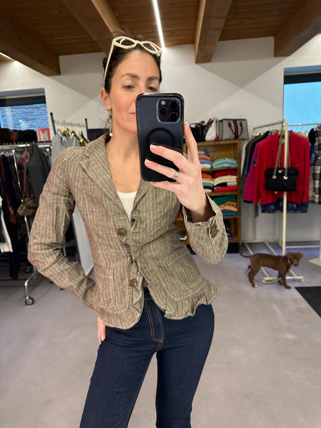 GIACCA MAX MARA LINO NOCCIOLA GESSATO BEIGE CON ROUGE