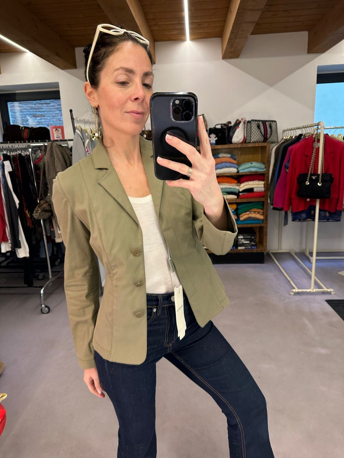 GIACCA EMPORIO ARMANI COTONE ELASTICIZZATO VERDE MILITARE MARTINGALA ARGENTO