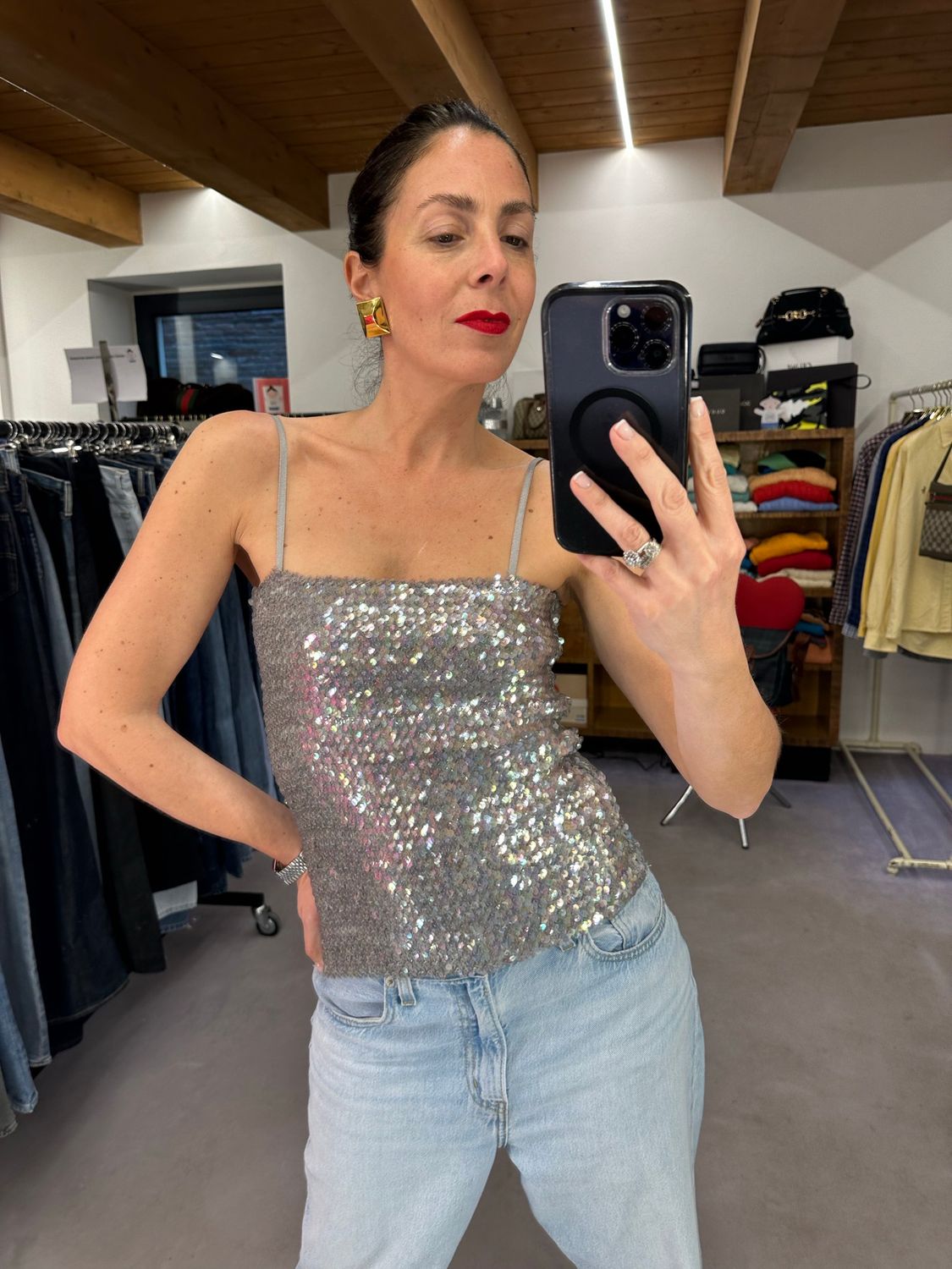 TOP VINTAGE GRIGIO PAILLETTES TRASLUCIDE ELASTICIZZATO TG UNICA