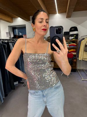 TOP VINTAGE GRIGIO PAILLETTES TRASLUCIDE ELASTICIZZATO TG UNICA