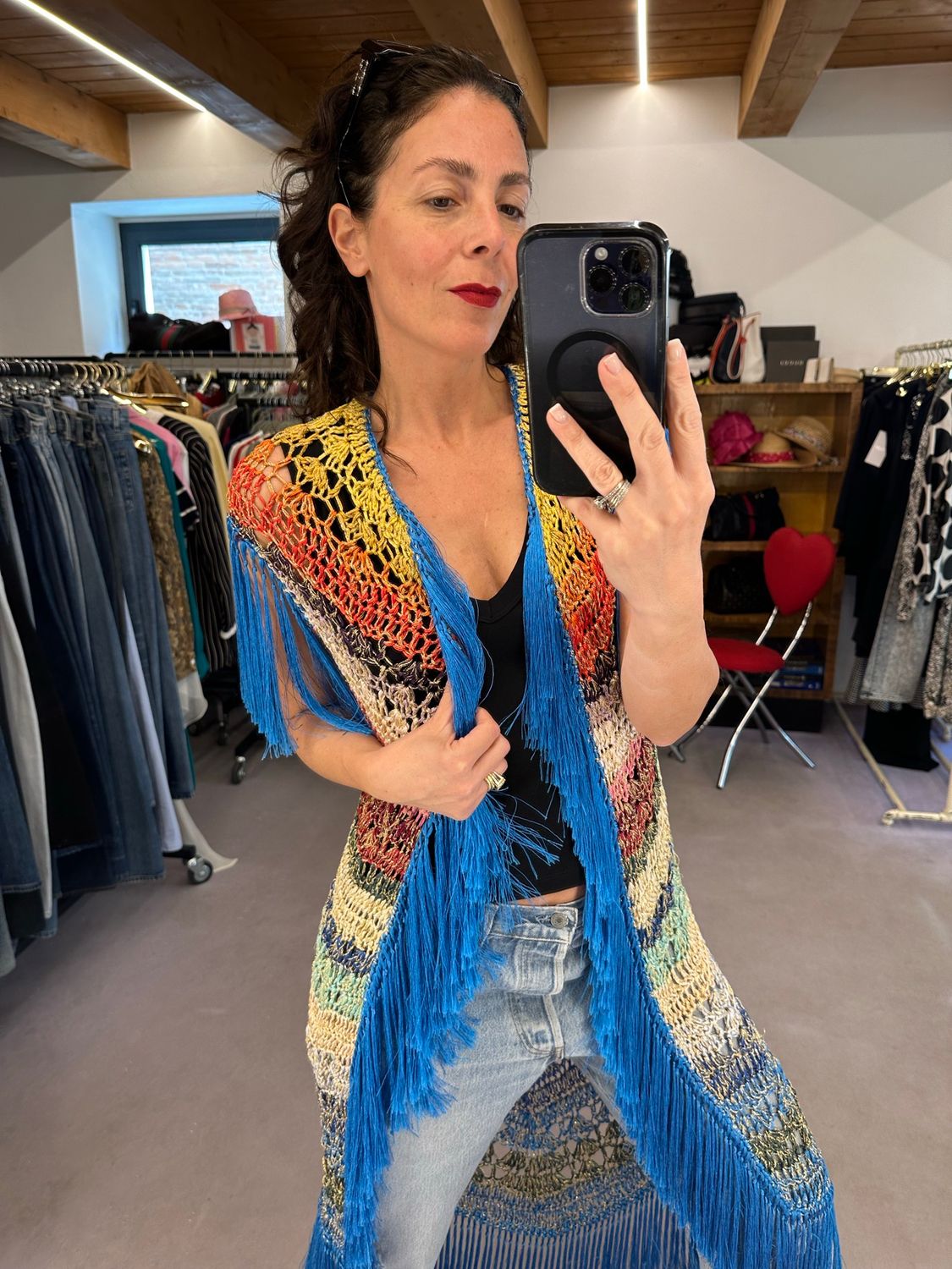 MAXI GILET LAVORAZIONE A RETE COTONE LUCIDO E LAMINATO CON FRANGIA