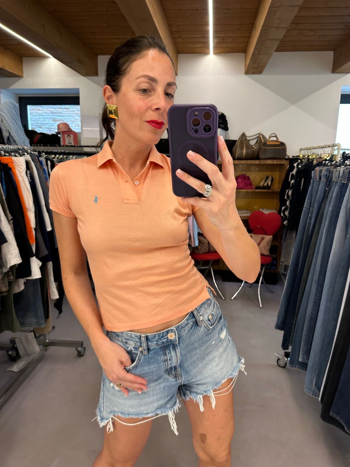 POLO DONNA RALPH LAUREN FILO DI SCOZIA ELASTICIZZATO SALMONE CAVALLINO TURCHESE TG S