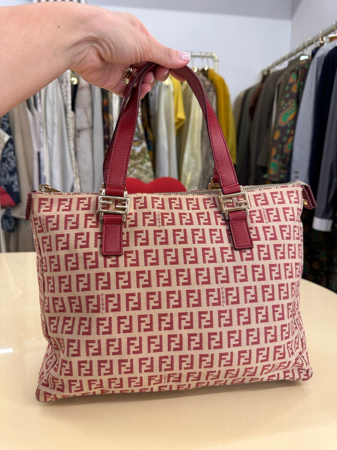 BORSA FENDI TESSUTO MONOGRAM ZUCCHINO E PELLE ROSSA