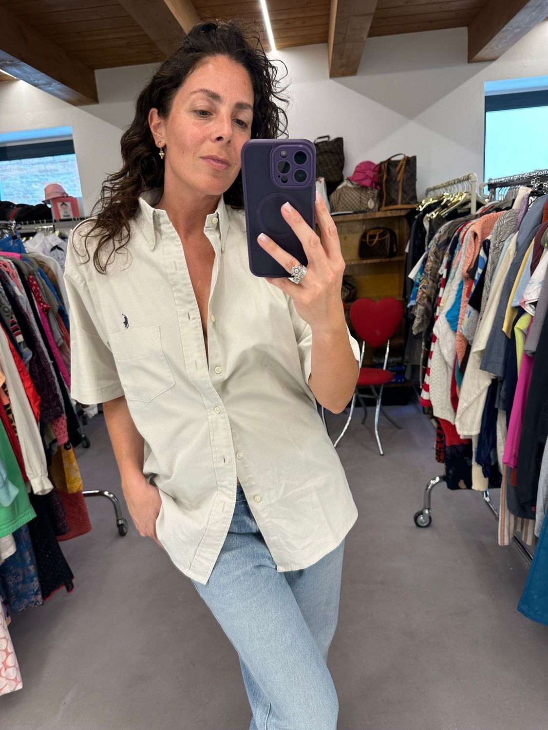 CAMICIA RALPH LAUREN MANICA CORTA SABBIA BOTTON DOWN CAVALLINO CON TASCHINO TG M UNISEX