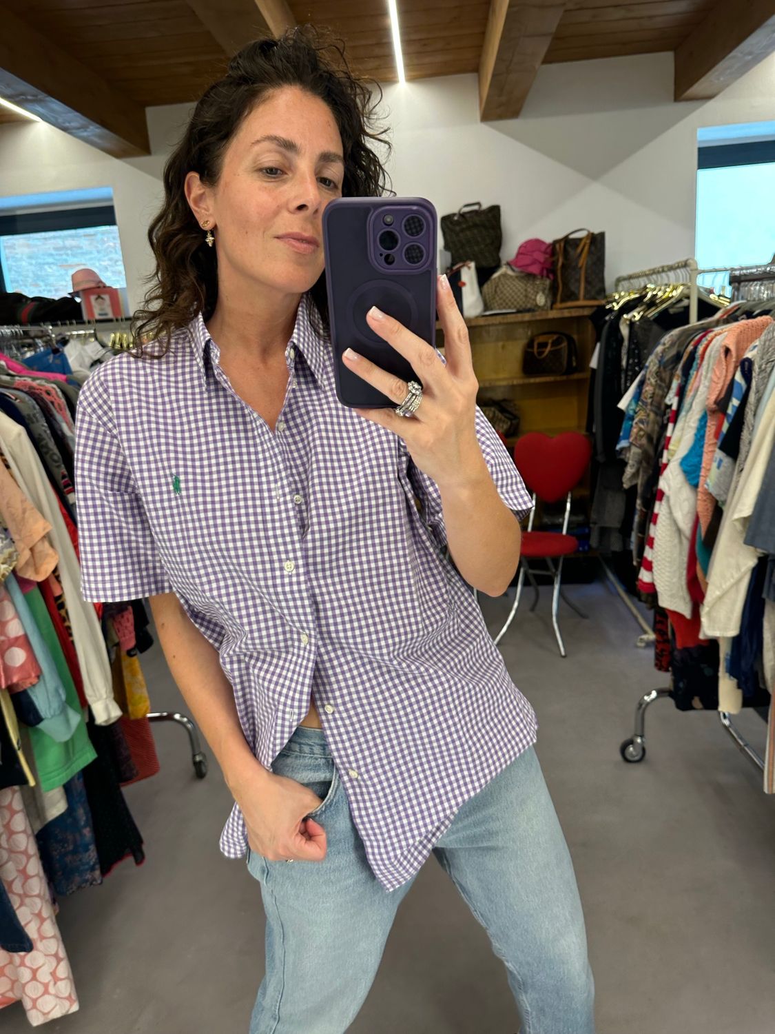 CAMICIA RALPH LAUREN MANICA CORTA VICHY BIANCO E VIOLA TG L UNISEX