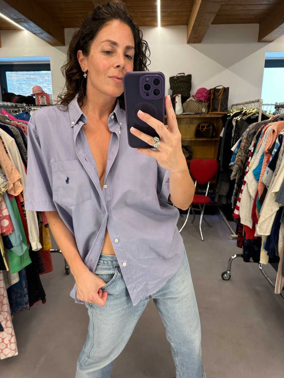 CAMICIA RALPH LAUREN MANICA CORTA GRIGIO LILLA CAVALLINO BLU RICAMATO BOTTON DOWN TG XL UNISEX