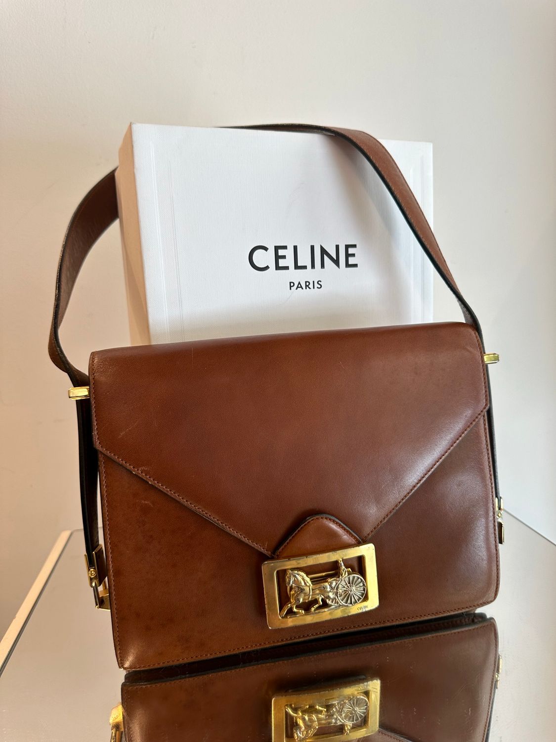 BORSA CELINE VINTAGE PELLE CUOIO LOGO CALESSE
