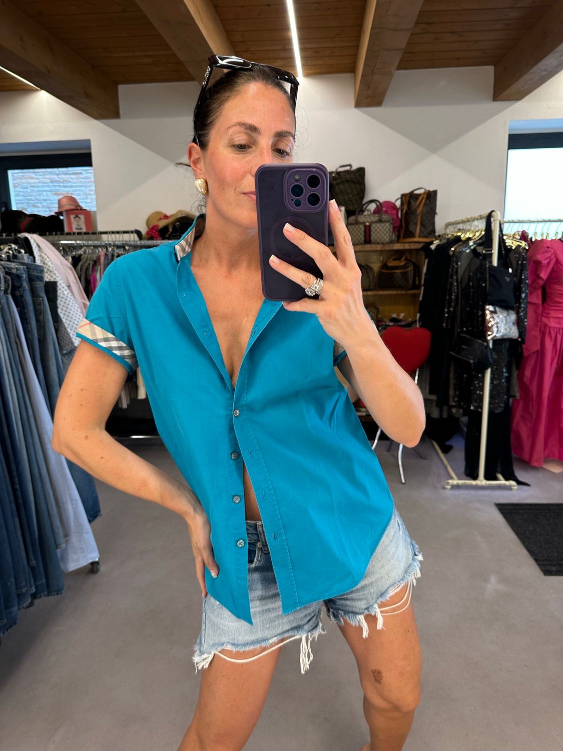 CAMICIA TURCHESE BURBERRY DETTAGLI CHECK TG L DONNA