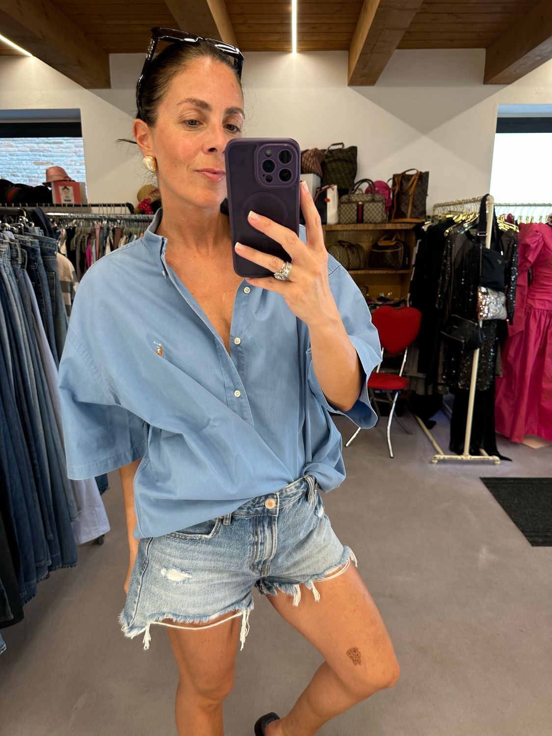 CAMICIA RALPH LAUREN OVER MANICA CORTA AZZURRA CAVALLINO DETTAGLIATO BOTTON DOWN TG XXL