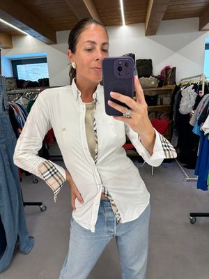 CAMICIA BURBERRY DONNA COTONE ELASTICIZZATO BIANCO PROFILI CHECK TG M SLIM
