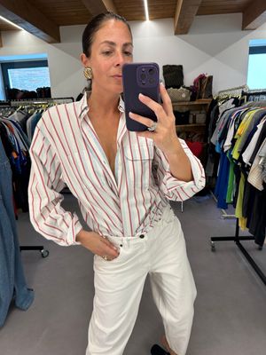 CAMICIA RALPH LAUREN ANNI 90 TELA DENIM LEGGERA BIANCA/AZZURRA RIGA MAGENTA TG L UNISEX