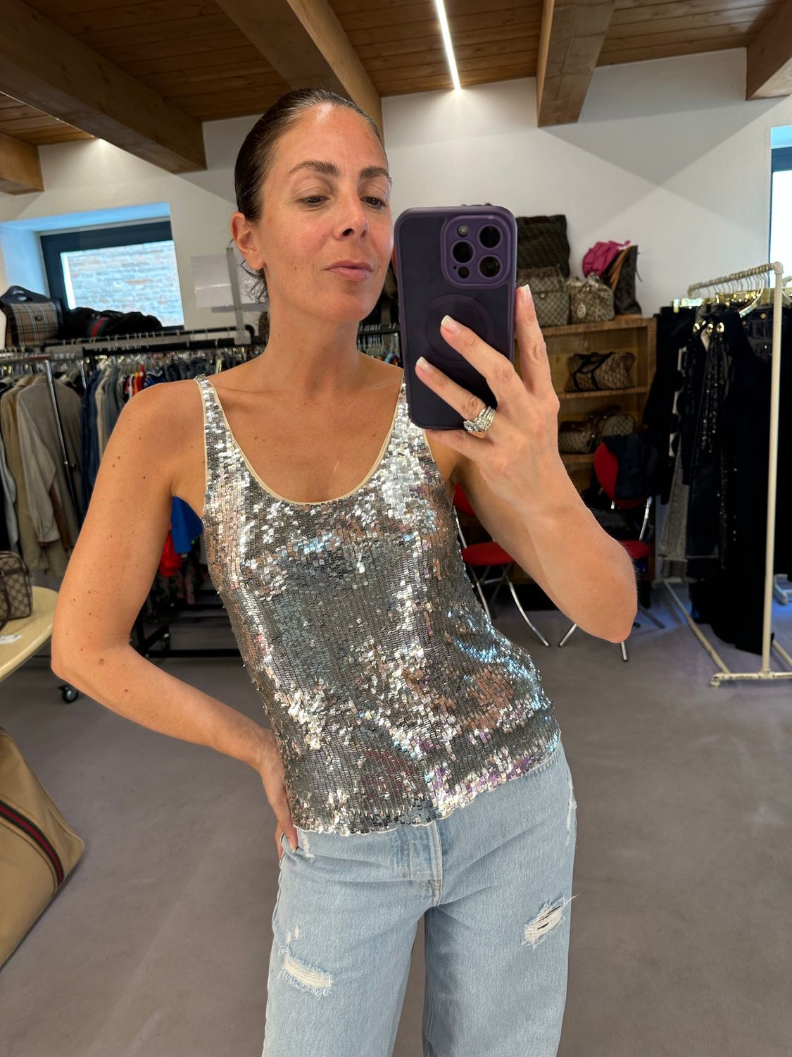 CANOTTA TOP BLUMARINE PAILLETTES ARGENTO TG M