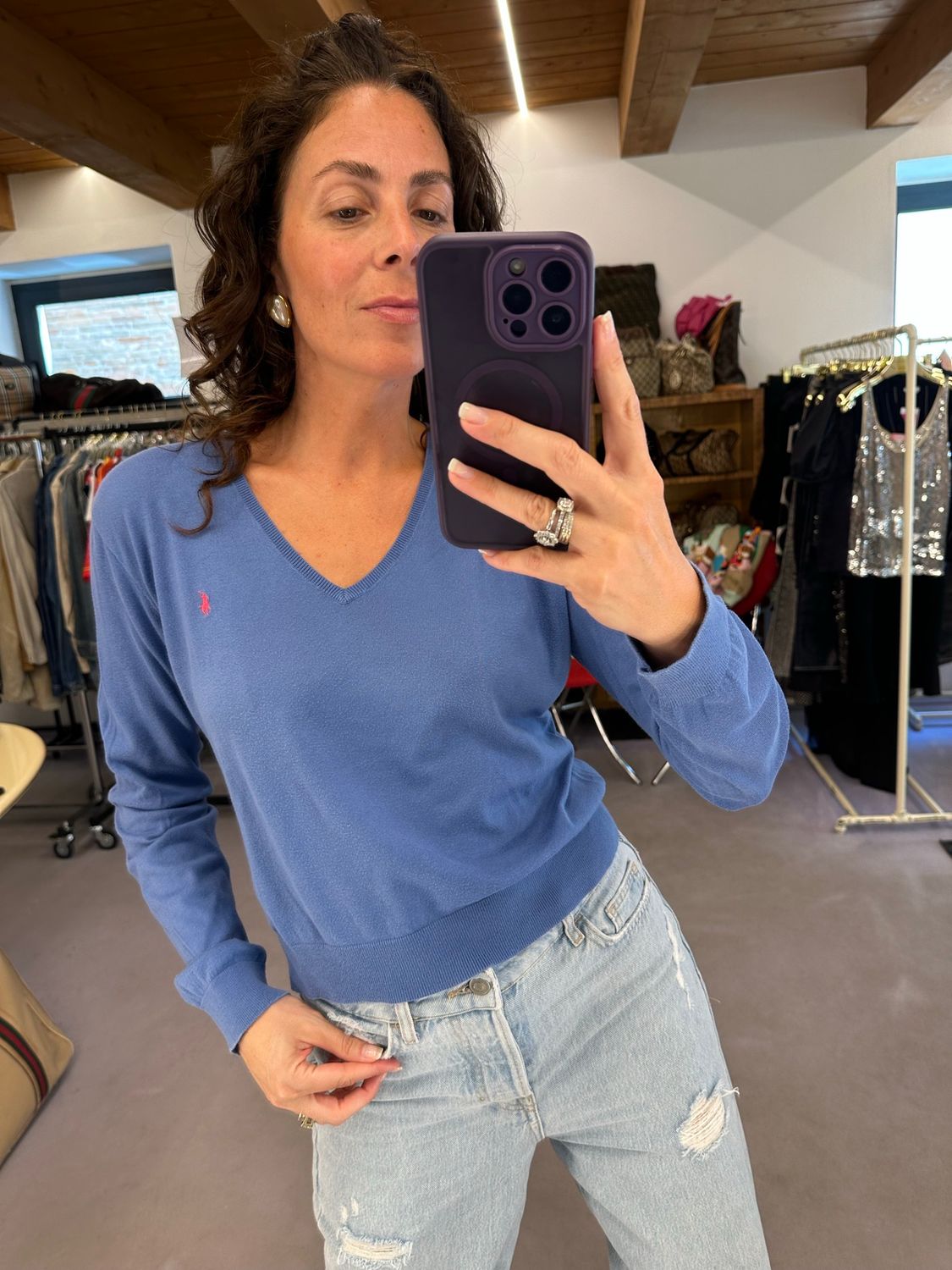 MAGLIONCINO V NECK RALPH LAUREN PIMA COTTON AZZURRO LAVANDA CAVALLINO FUCSIA TG XL DONNA
