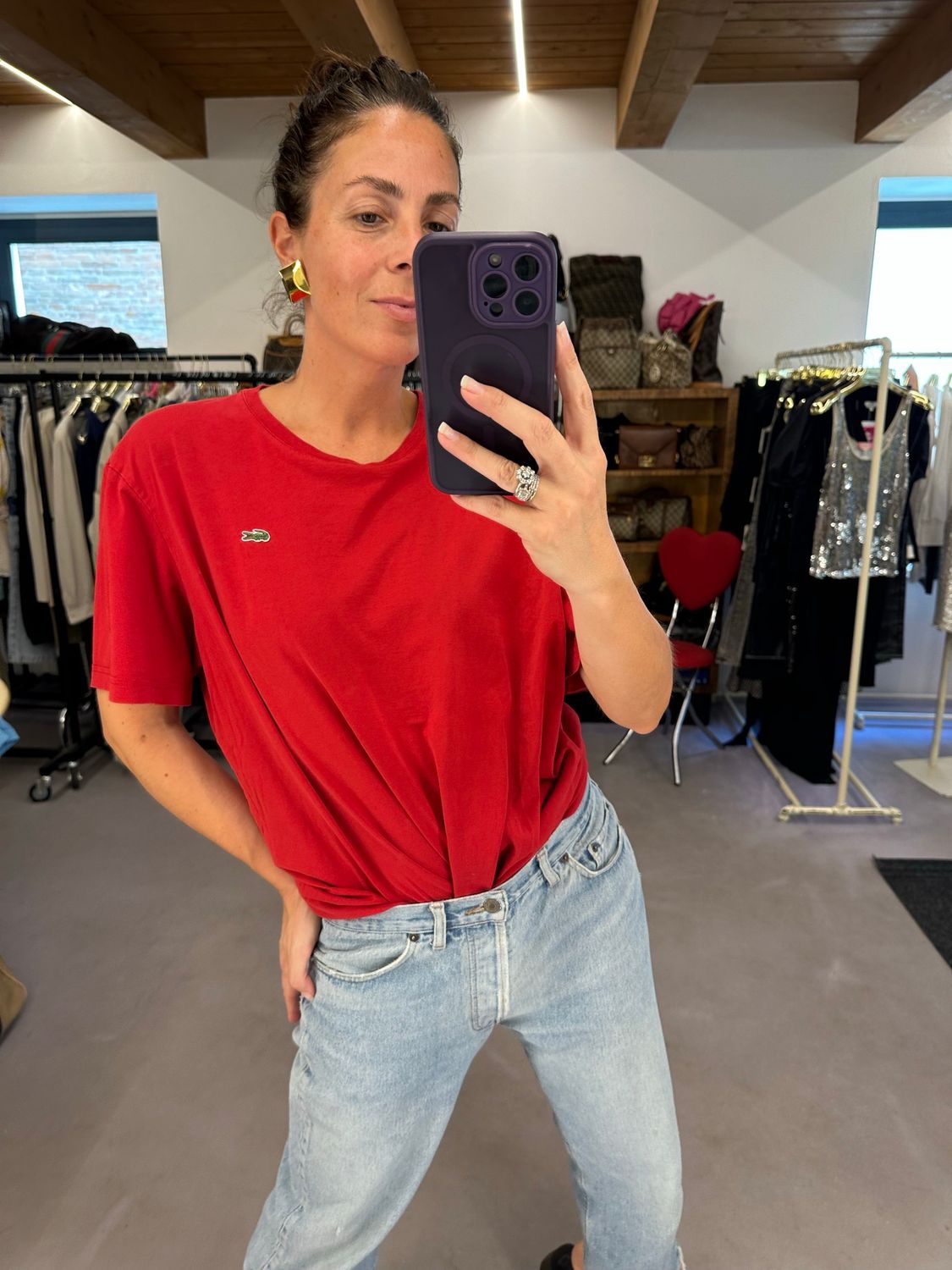 T-SHIRT LACOSTE ROSSA LOGO RICAMATO TG XL UNISEX