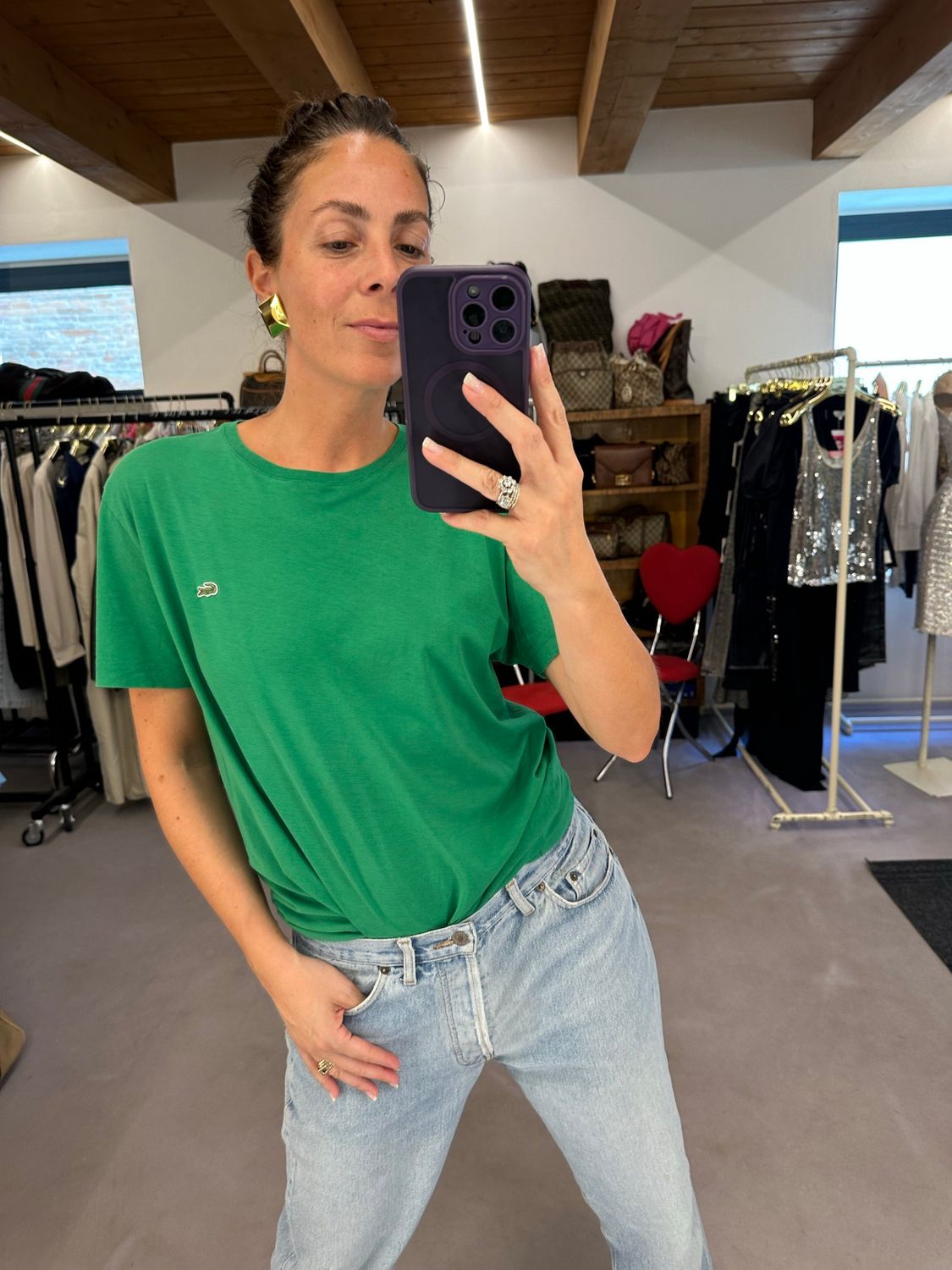 T-SHIRT LACOSTE VERDE LOGO RICAMATO TG L UNISEX