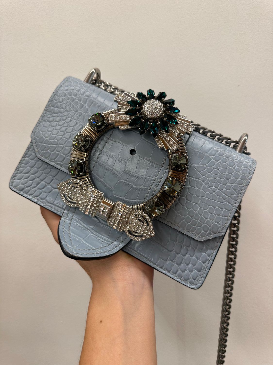 MIU MIU EXQUISITE CROC-EMBOSSES SHOULDER BAG CIELO