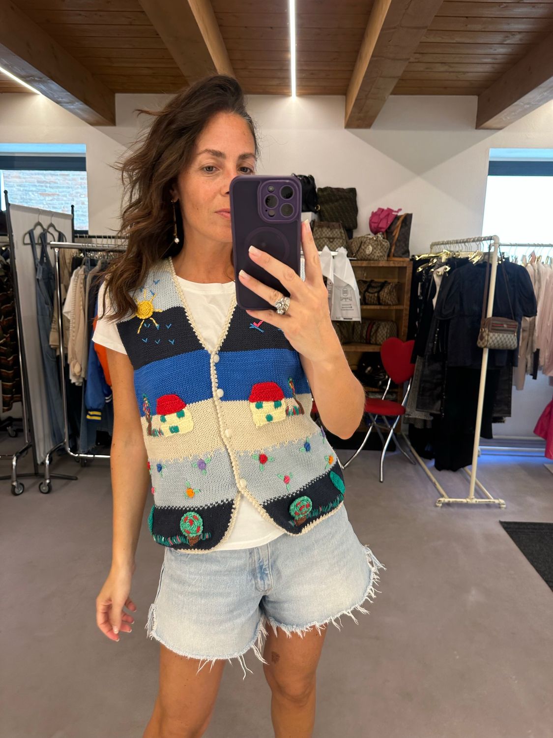 GILET PURO COTONE FATTO A MANO CON RICAMI E APPLICAZIONI TG M