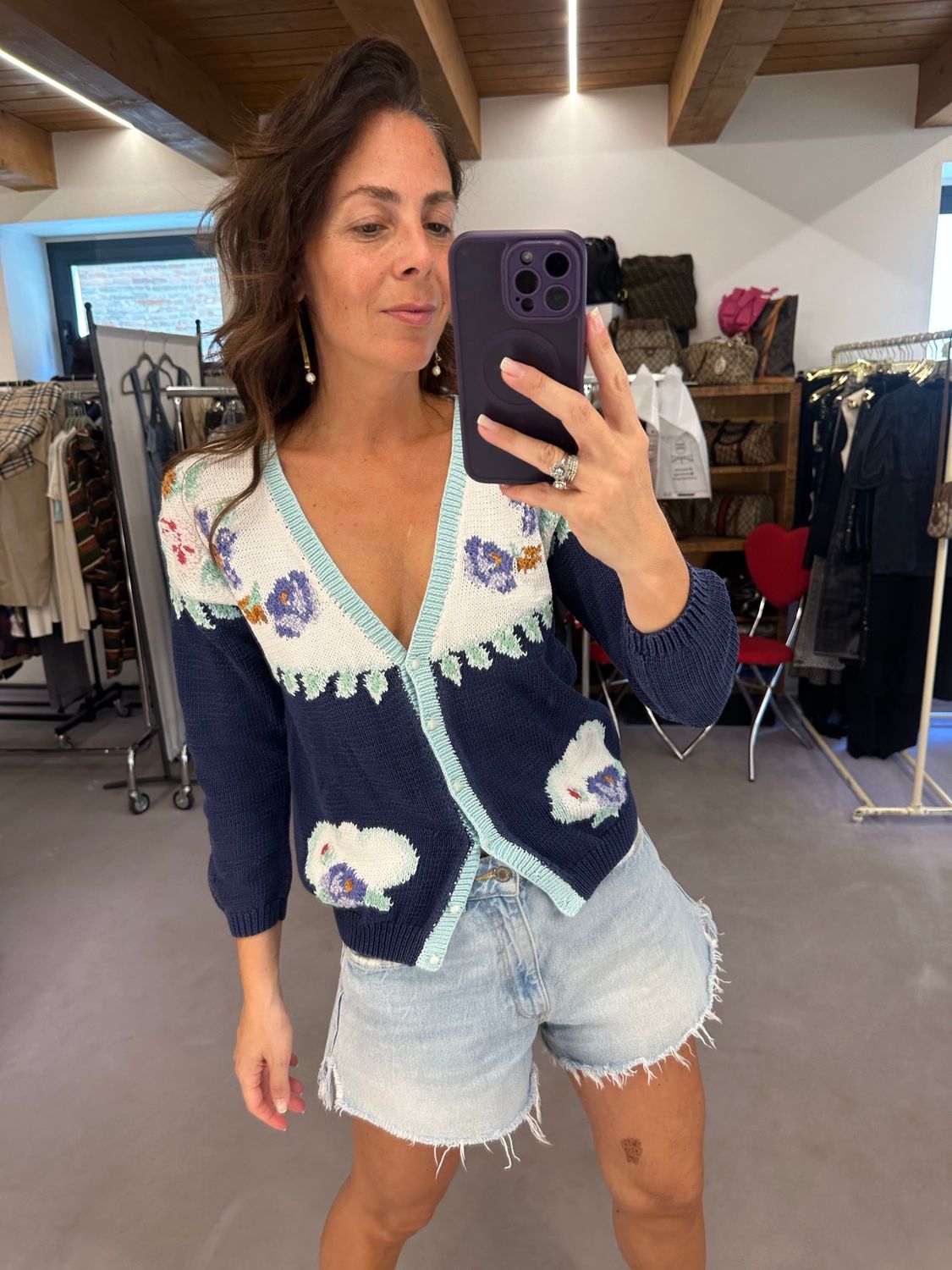 MAGLIONCINO FATTO A MANO PURO COTONE CON APPLICAZIONI E RICAMI FLOREALE BLU/BIANCO TG M