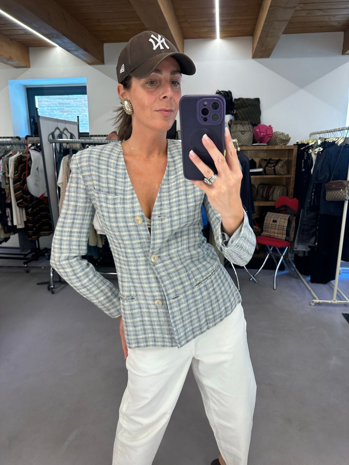 GIACCA EMPORIO ARMANI DONNA LINO SCOZZESE AZZURRO 