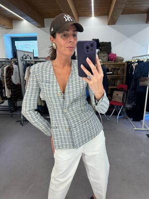 GIACCA EMPORIO ARMANI DONNA LINO SCOZZESE AZZURRO 