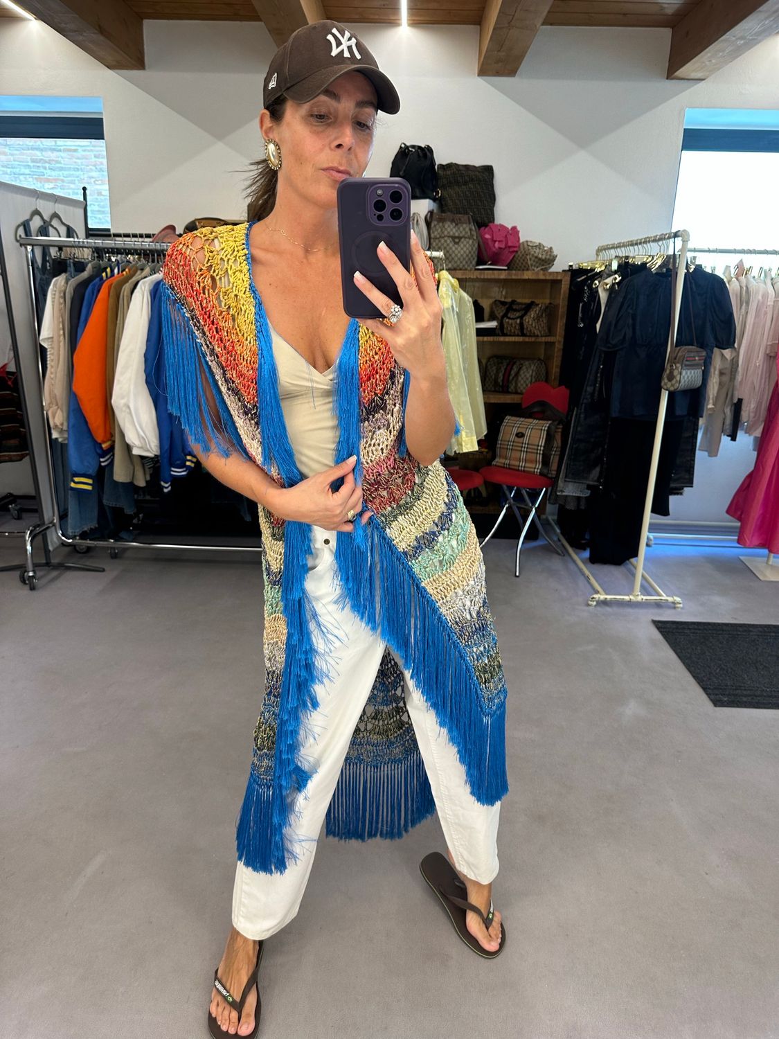 MAXI GILET TRICOT FILO MULTICOLOR LAMINATO E FRANGE