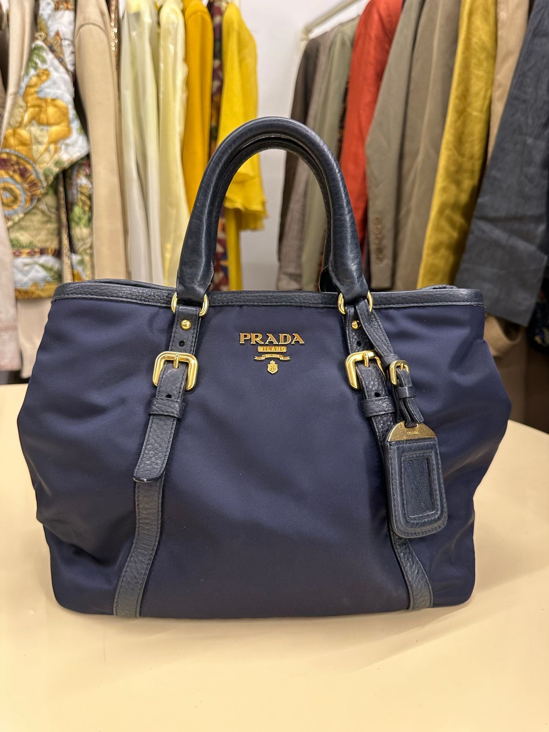 BORSA PRADA NYLON E PELLE BLU HARDWARE ORO LOGO LETTERING
