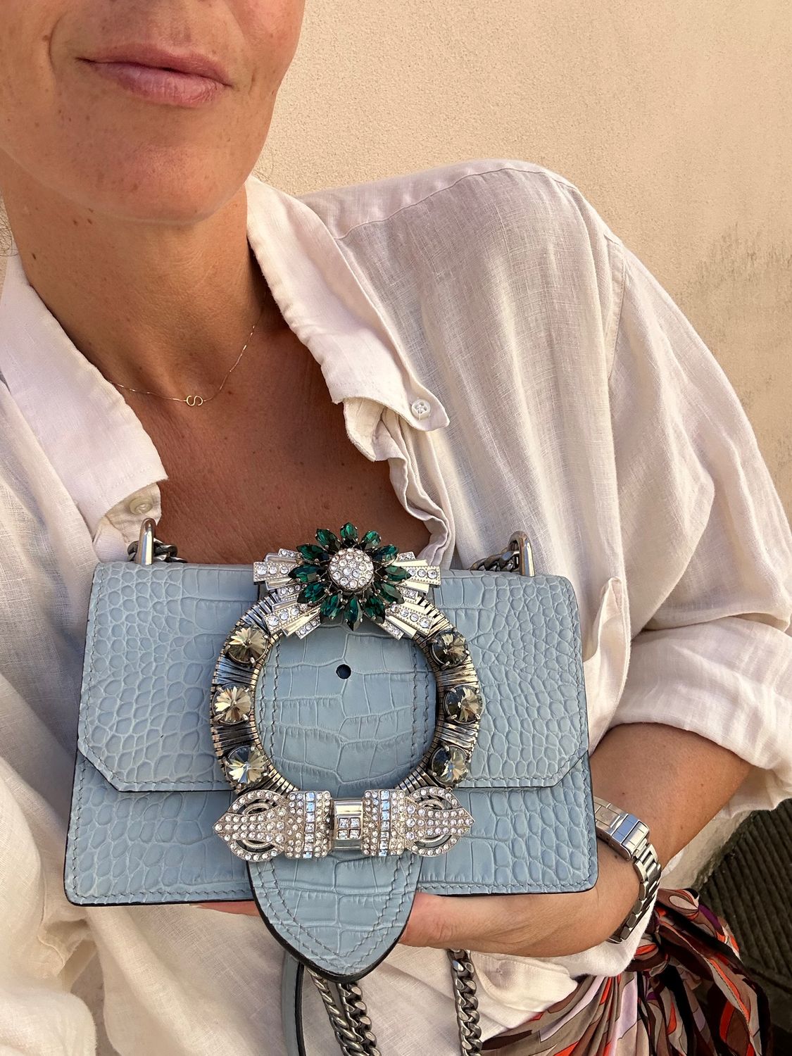 MIU MIU EXQUISITE CROC-EMBOSSES SHOULDER BAG CIELO