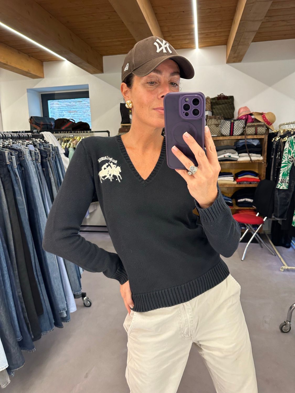 MAGLIONCINO V NECK RALPH LAUREN COTONE NERO LOGO BIANCO RICAMATO TG L DONNA
