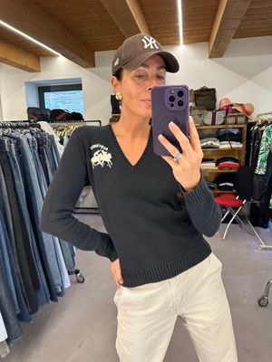 MAGLIONCINO V NECK RALPH LAUREN COTONE NERO LOGO BIANCO RICAMATO TG L DONNA