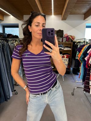 T-SHIRT RALPH LAUREN V NECK DONNA VIOLA RIGHE BIANCHE CAVALLINO VERDE TG M