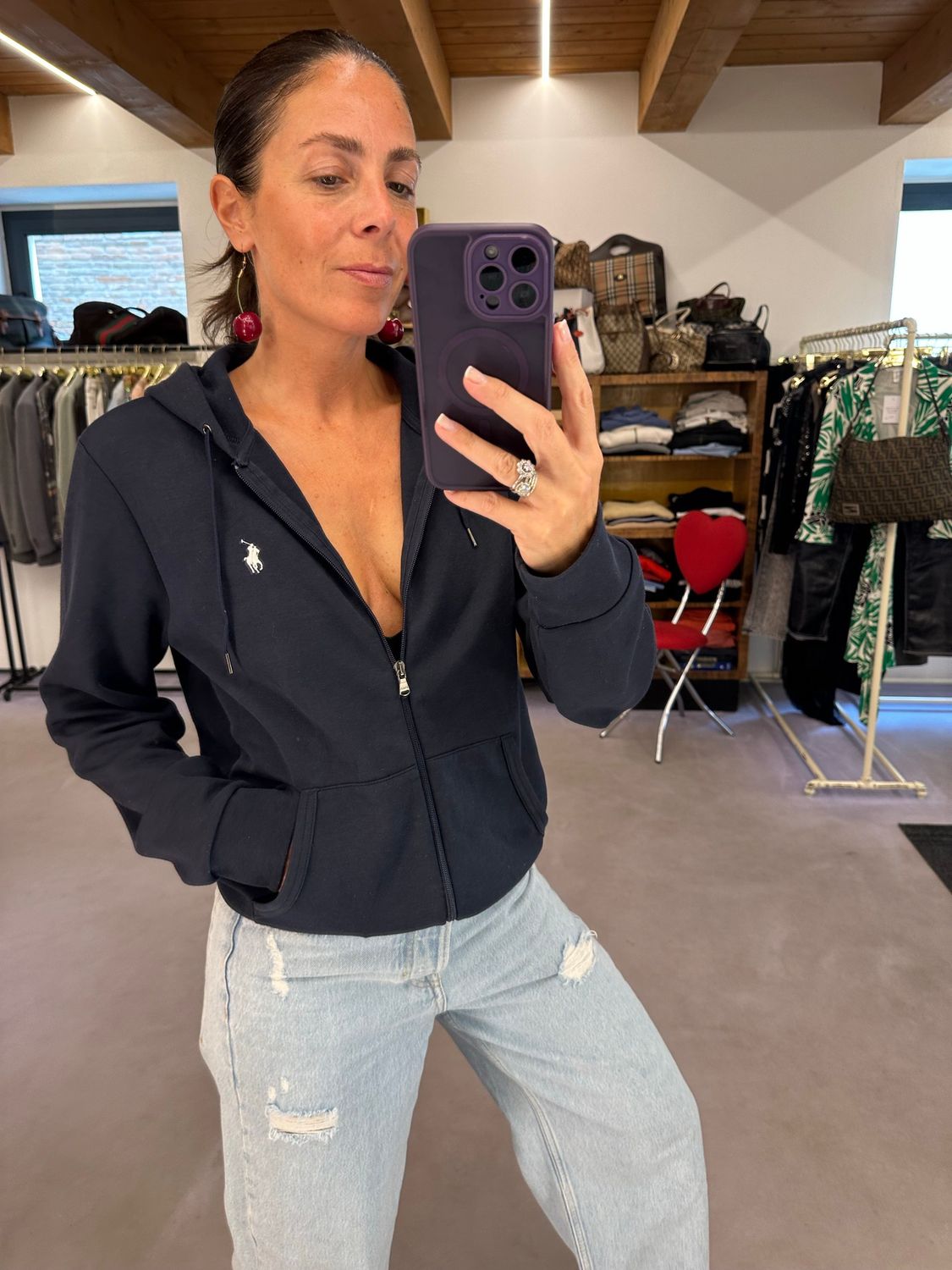 FELPA RALPH LAUREN BLU LINEA PERFORMANCE TG S UNISEX CAPPUCCIO ZIP E TASCA MARSUPIO LOGO RICAMATO
