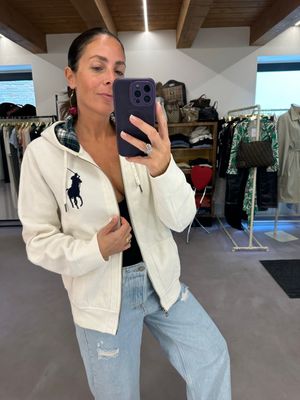 FELPA RALPH LAUREN CAPPUCCIO E ZIP PANNA CAVALLO GRANDE BLU INTERNO CAPPUCCIO SCOZZESE TG L UNISEX FELPATA